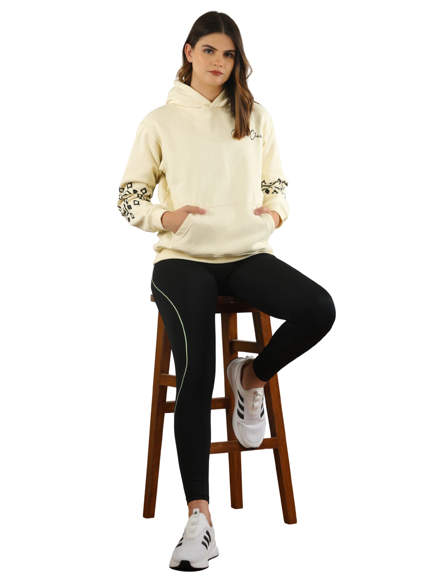 Unique Choice Women’s Black Printed Hoodie with Warm Soft Fabric Long Sleeves Stylish Graphic Sleeve Design Adjustable Hood and Front Kangaroo Pocket for Daily Comfort Wear
