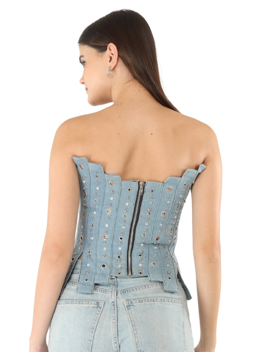 Unique Choice Strapless Rhinestone Denim Corset Top – Structured Studded Fit, Party & Club Wear, Multiple Sizes XS, S, M, L