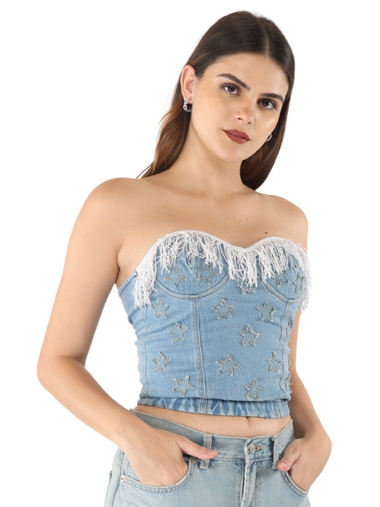 Unique Choice Classic Strapless Denim Corset Top – Structured Fit, Sculpted Silhouette, Available In XS, S, M & L