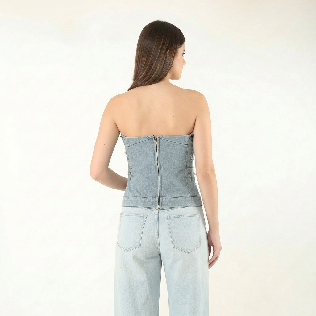 Unique Choice Women’s Strapless Denim Corset Top – Studded Star Embroidered Bustier Tube Top, Slim Fit Fashion Party Crop Top XS,S,M,L
