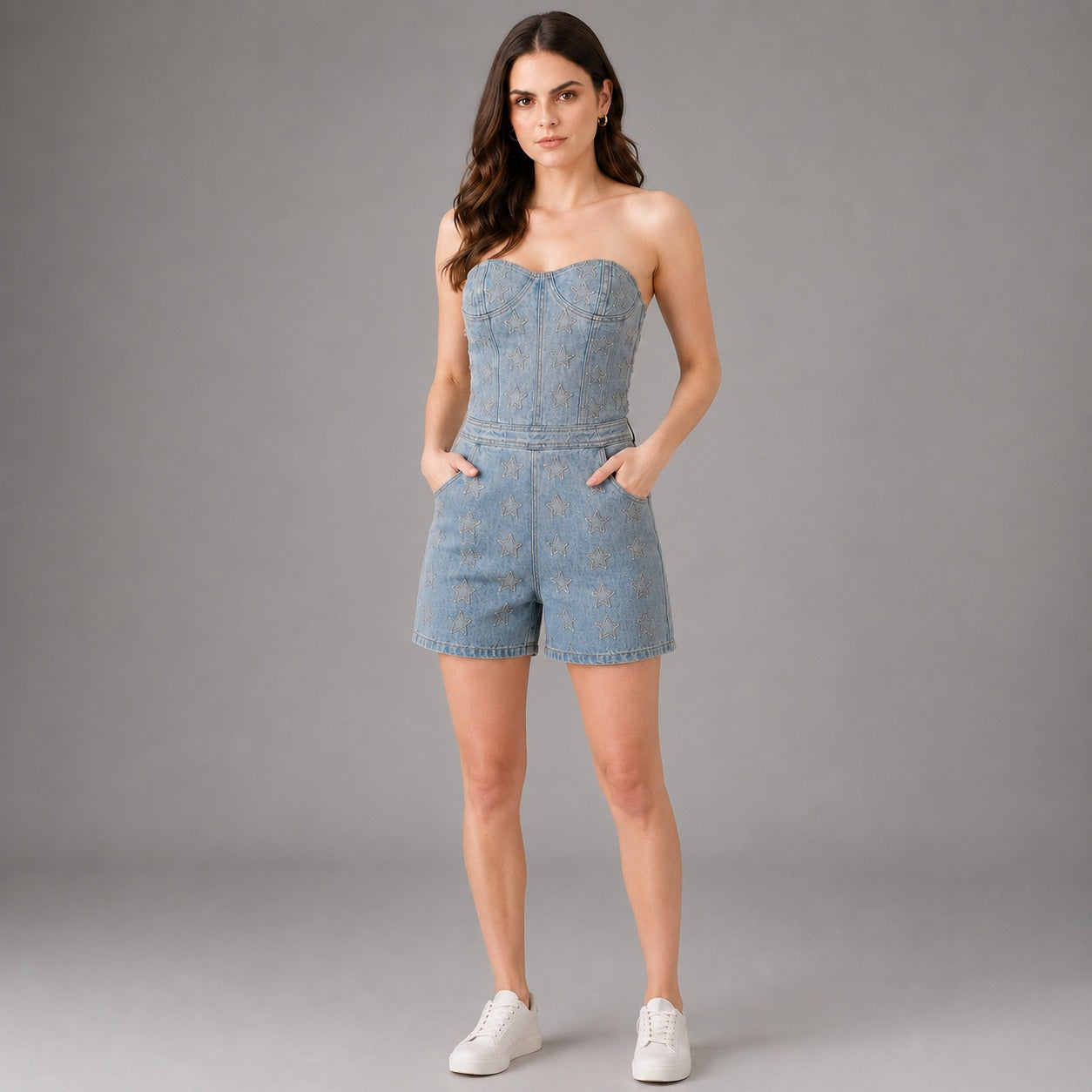 Unique Choice Women’s Strapless Star Embroidered Denim Corset Romper – Blue Summer Jumpsuit XS,S,M,L