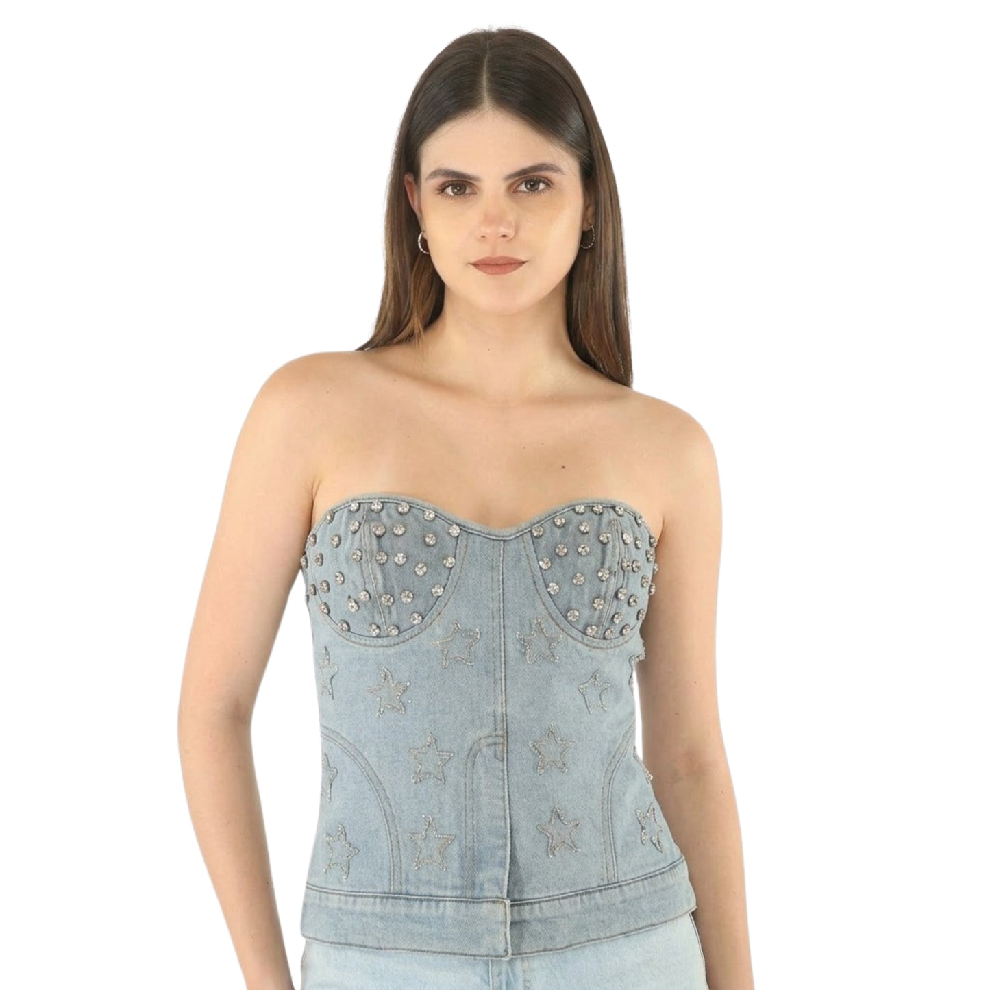 Unique Choice Women’s Strapless Denim Corset Top – Studded Star Embroidered Bustier Tube Top, Slim Fit Fashion Party Crop Top XS,S,M,L