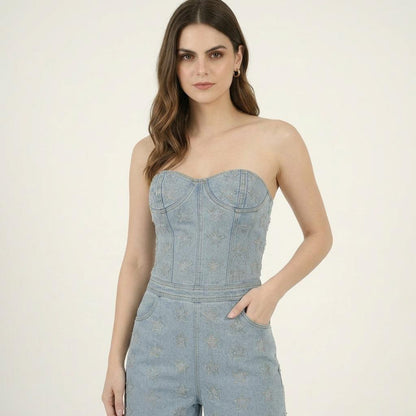 Unique Choice Women’s Strapless Star Embroidered Denim Corset Romper – Blue Summer Jumpsuit XS,S,M,L