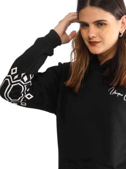 Unique Choice Women’s Black Printed Hoodie with Warm Soft Fabric Long Sleeves Stylish Graphic Sleeve Design Adjustable Hood and Front Kangaroo Pocket for Daily Comfort Wear