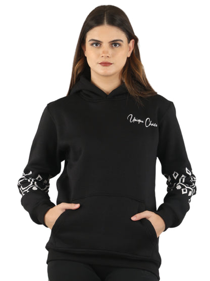 Unique Choice Women’s Black Printed Hoodie with Warm Soft Fabric Long Sleeves Stylish Graphic Sleeve Design Adjustable Hood and Front Kangaroo Pocket for Daily Comfort Wear