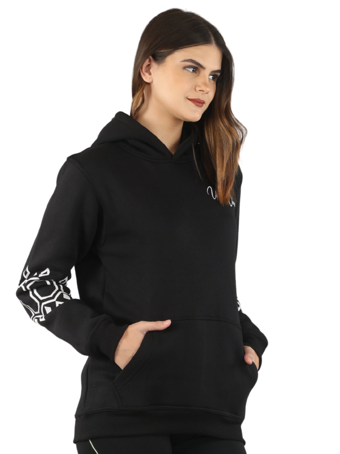 Unique Choice Women’s Black Printed Hoodie with Warm Soft Fabric Long Sleeves Stylish Graphic Sleeve Design Adjustable Hood and Front Kangaroo Pocket for Daily Comfort Wear