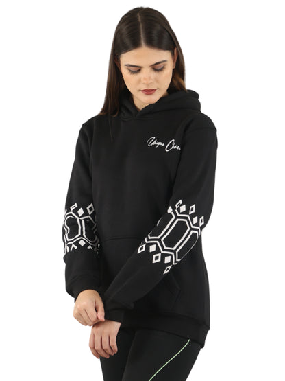 Unique Choice Women’s Black Printed Hoodie with Warm Soft Fabric Long Sleeves Stylish Graphic Sleeve Design Adjustable Hood and Front Kangaroo Pocket for Daily Comfort Wear