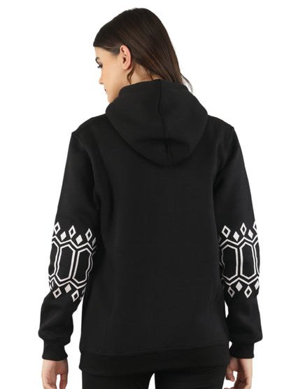 Unique Choice Women’s Black Printed Hoodie with Warm Soft Fabric Long Sleeves Stylish Graphic Sleeve Design Adjustable Hood and Front Kangaroo Pocket for Daily Comfort Wear