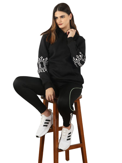 Unique Choice Women’s Black Printed Hoodie with Warm Soft Fabric Long Sleeves Stylish Graphic Sleeve Design Adjustable Hood and Front Kangaroo Pocket for Daily Comfort Wear