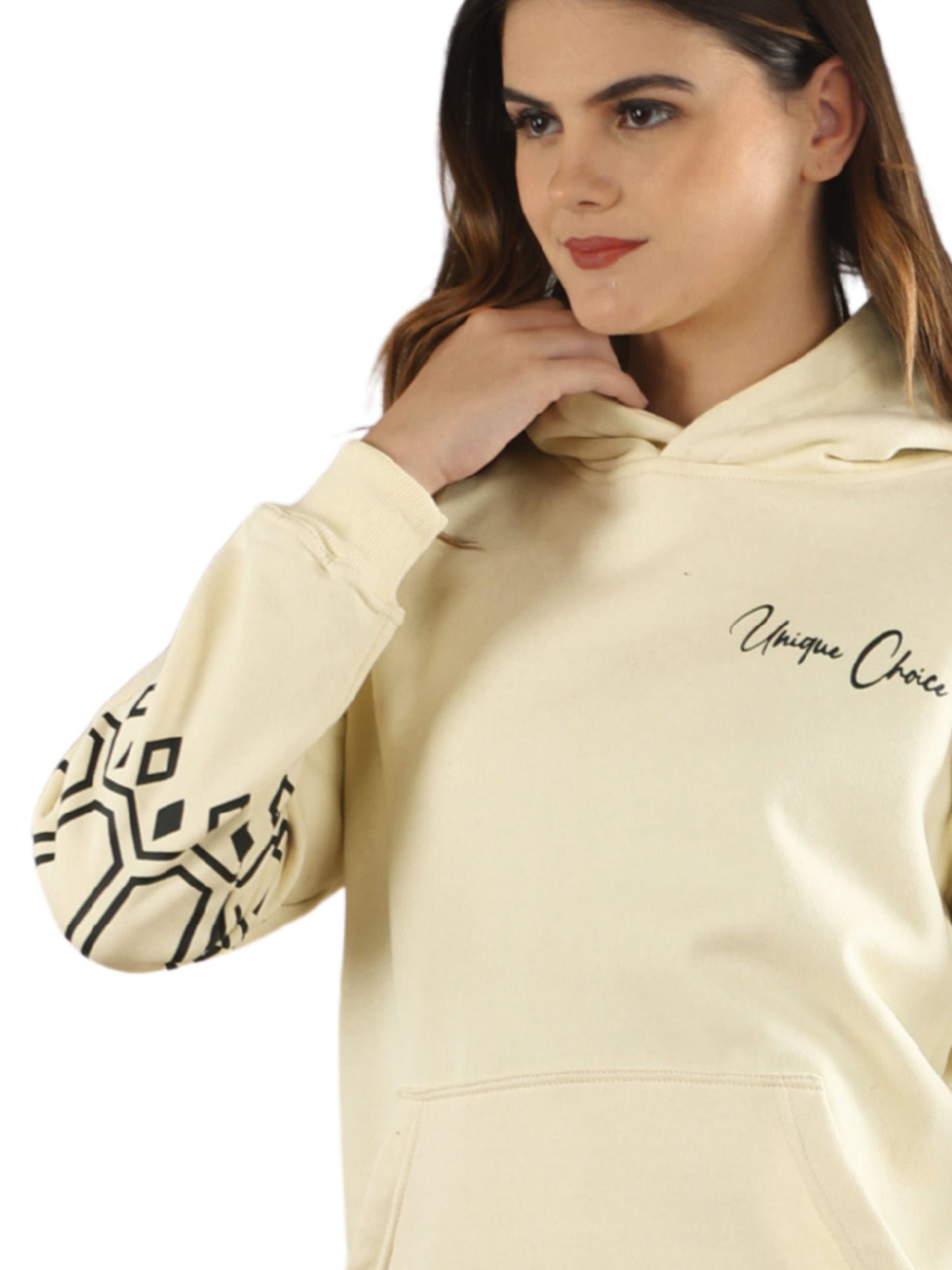 Unique Choice Women’s Black Printed Hoodie with Warm Soft Fabric Long Sleeves Stylish Graphic Sleeve Design Adjustable Hood and Front Kangaroo Pocket for Daily Comfort Wear