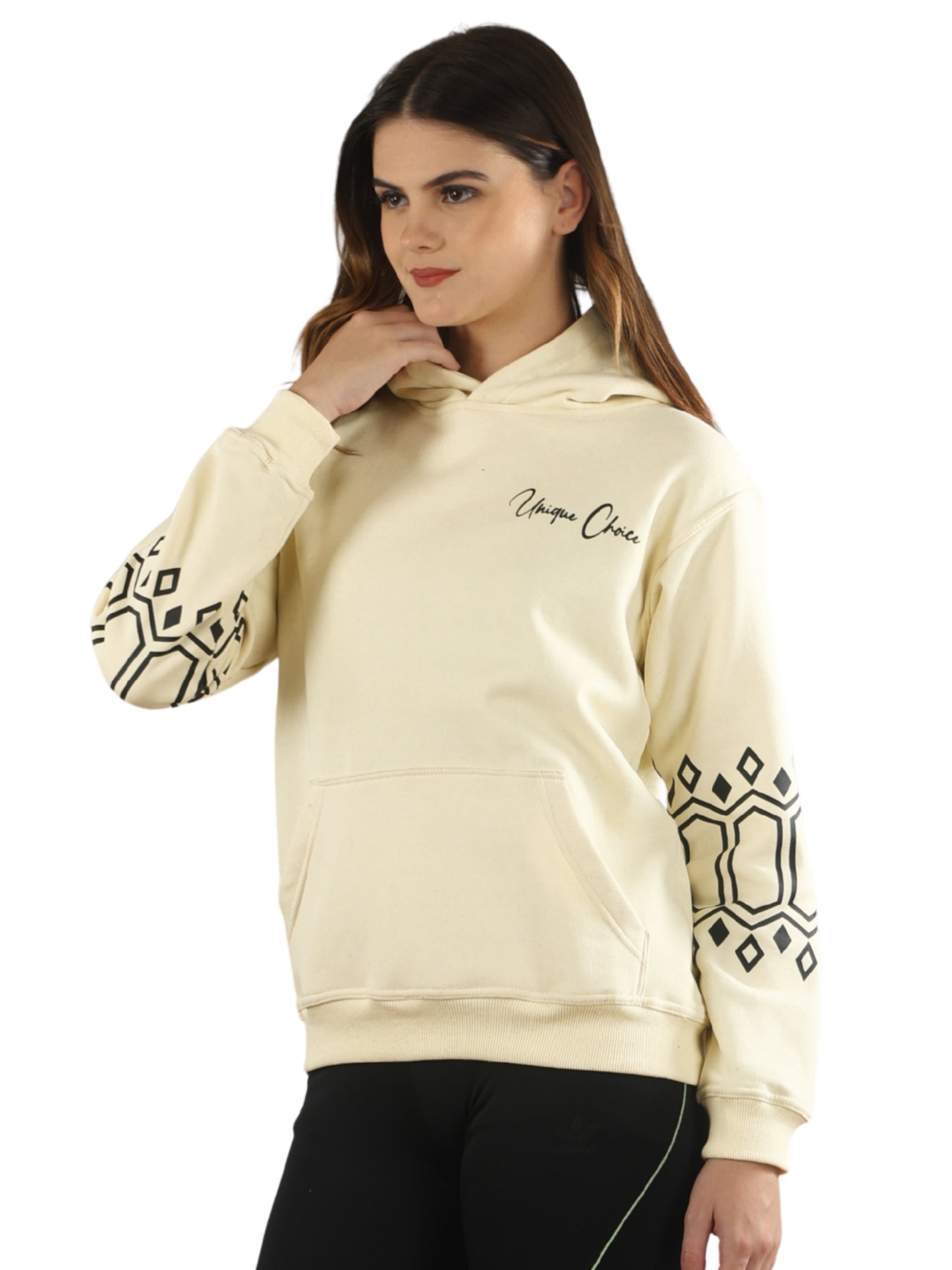 Unique Choice Women’s Black Printed Hoodie with Warm Soft Fabric Long Sleeves Stylish Graphic Sleeve Design Adjustable Hood and Front Kangaroo Pocket for Daily Comfort Wear
