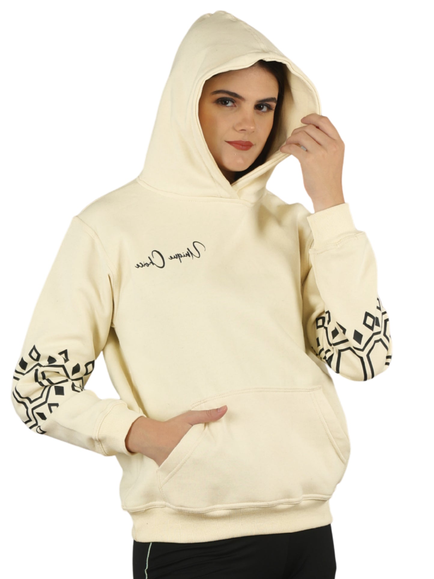 Unique Choice Women’s Black Printed Hoodie with Warm Soft Fabric Long Sleeves Stylish Graphic Sleeve Design Adjustable Hood and Front Kangaroo Pocket for Daily Comfort Wear