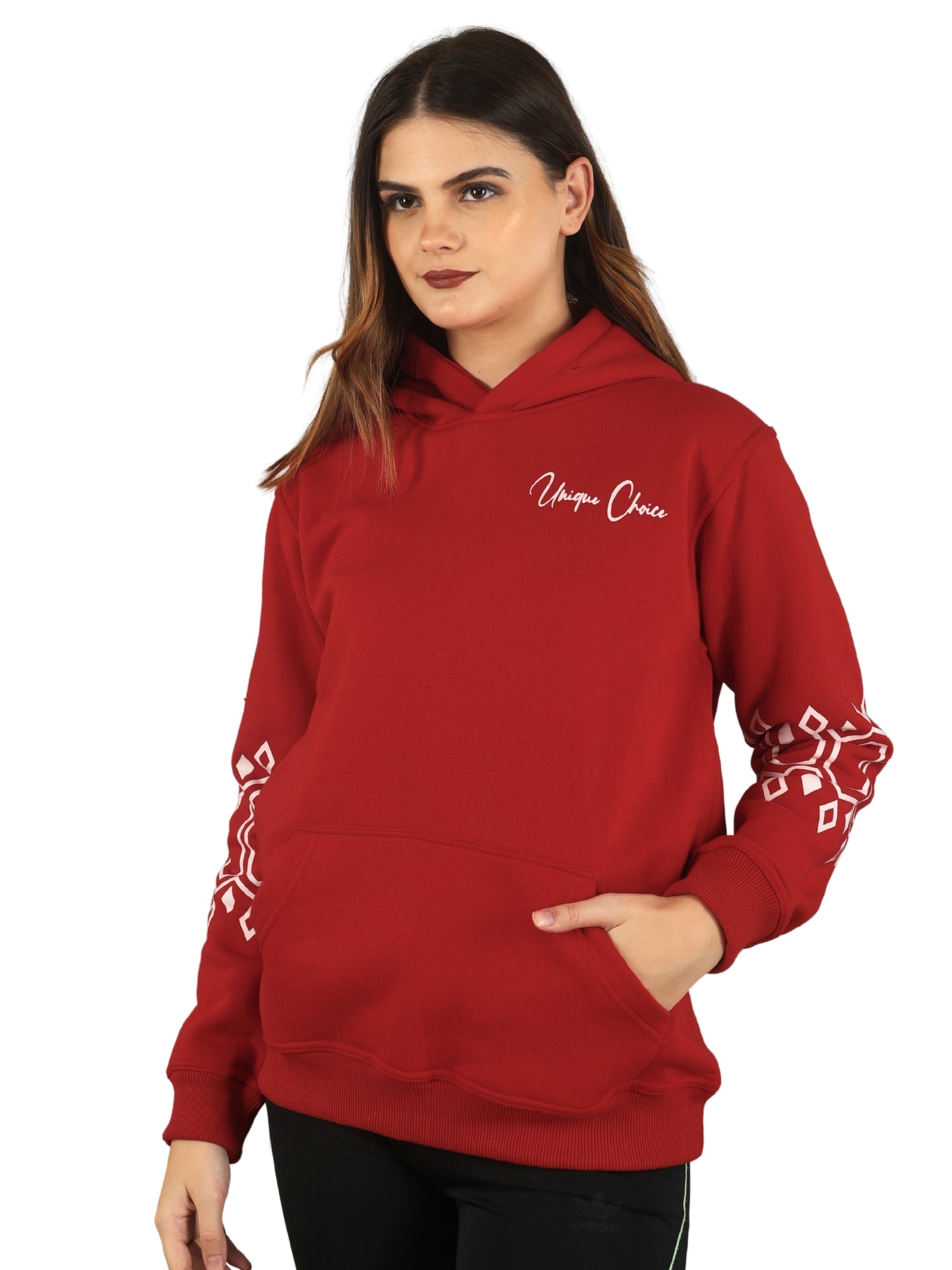 Unique Choice Women’s Black Printed Hoodie with Warm Soft Fabric Long Sleeves Stylish Graphic Sleeve Design Adjustable Hood and Front Kangaroo Pocket for Daily Comfort Wear