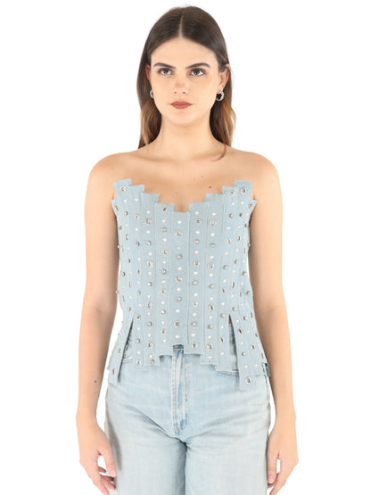 Unique Choice Sexy Rhinestone Denim Corset Top – Strapless Structured Fit, Glam Statement Style, Available In XS, S, M & L