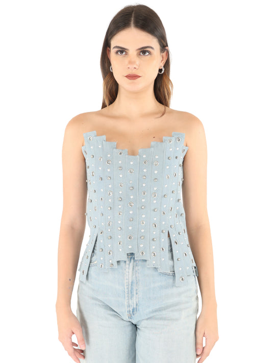 Unique Choice Sexy Rhinestone Denim Corset Top – Strapless Structured Fit, Glam Statement Style, Available In XS, S, M & L