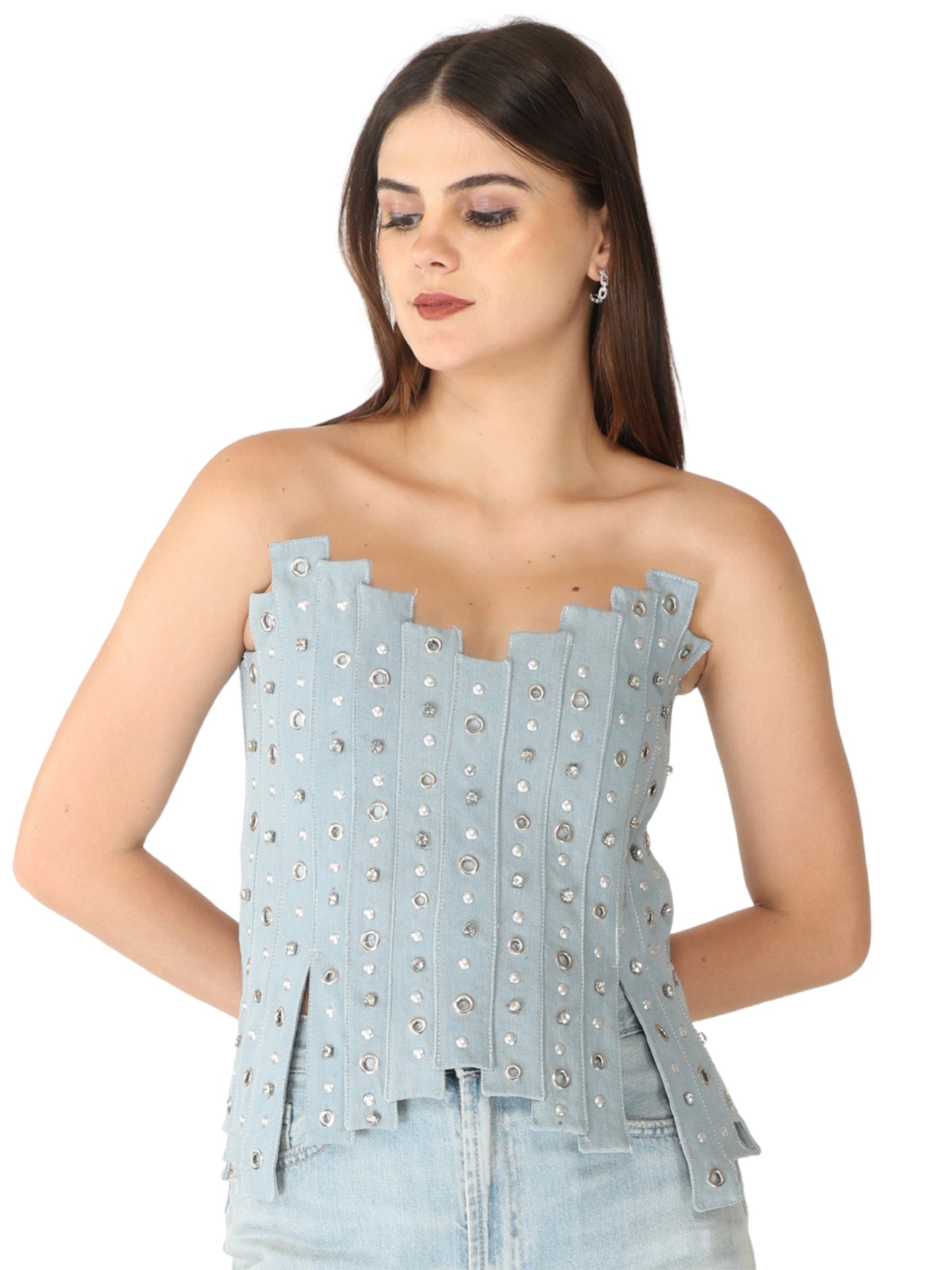 Unique Choice Sexy Rhinestone Denim Corset Top – Strapless Structured Fit, Glam Statement Style, Available In XS, S, M & L