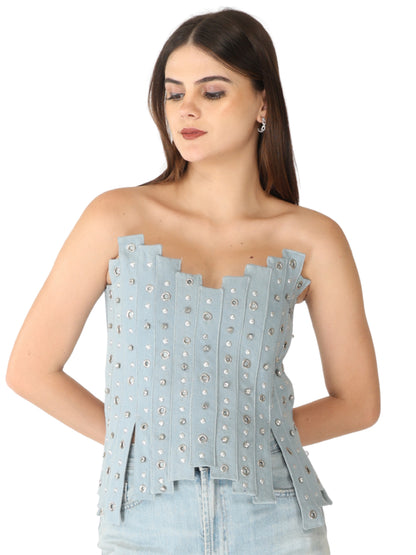 Unique Choice Sexy Rhinestone Denim Corset Top – Strapless Structured Fit, Glam Statement Style, Available In XS, S, M & L