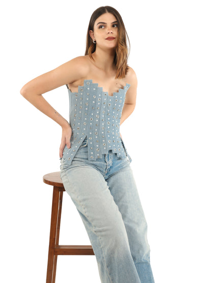 Unique Choice Sexy Rhinestone Denim Corset Top – Strapless Structured Fit, Glam Statement Style, Available In XS, S, M & L
