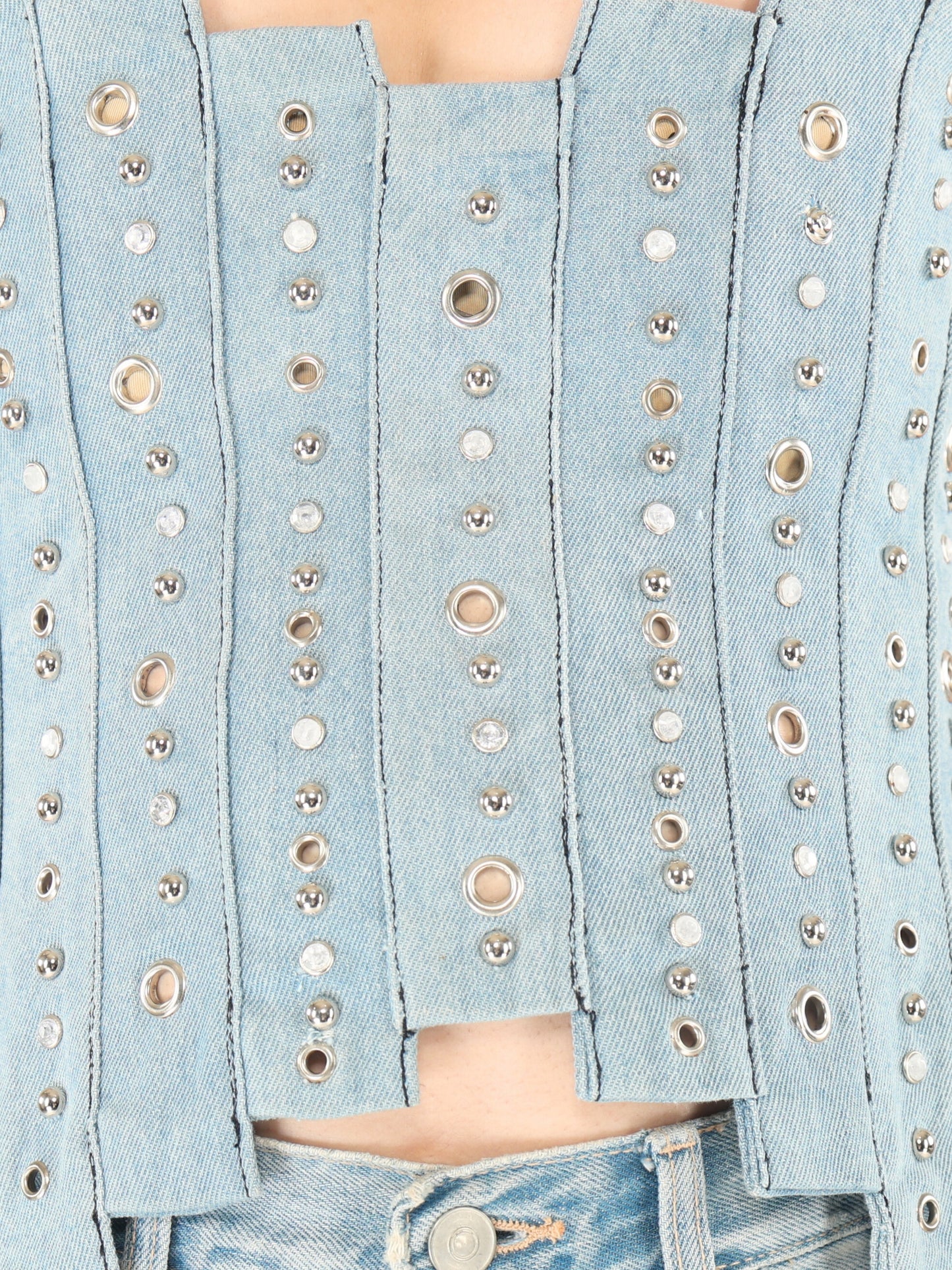 Unique Choice Strapless Rhinestone Denim Corset Top – Structured Studded Fit, Party & Club Wear, Multiple Sizes XS, S, M, L