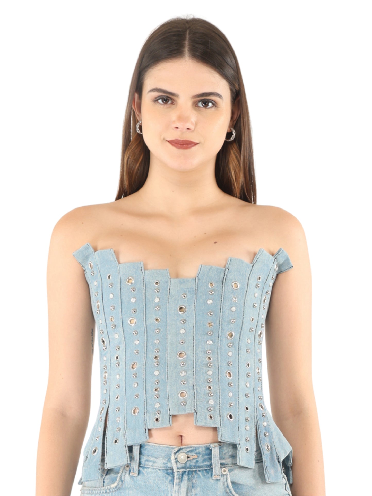 Unique Choice Strapless Rhinestone Denim Corset Top – Structured Studded Fit, Party & Club Wear, Multiple Sizes XS, S, M, L