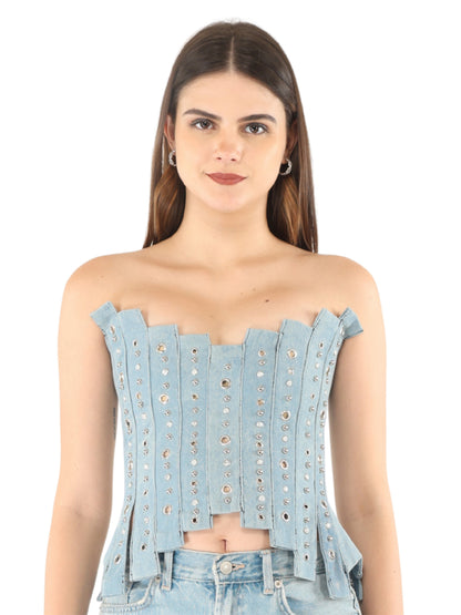 Unique Choice Strapless Rhinestone Denim Corset Top – Structured Studded Fit, Party & Club Wear, Multiple Sizes XS, S, M, L