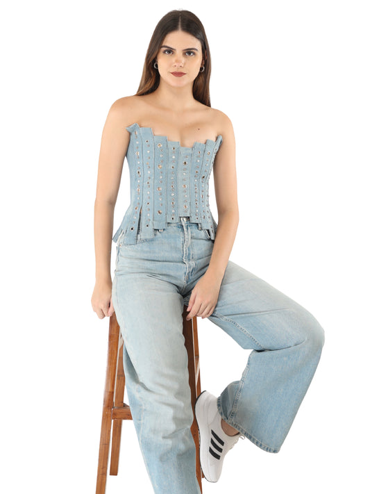 Unique Choice Strapless Rhinestone Denim Corset Top – Structured Studded Fit, Party & Club Wear, Multiple Sizes XS, S, M, L