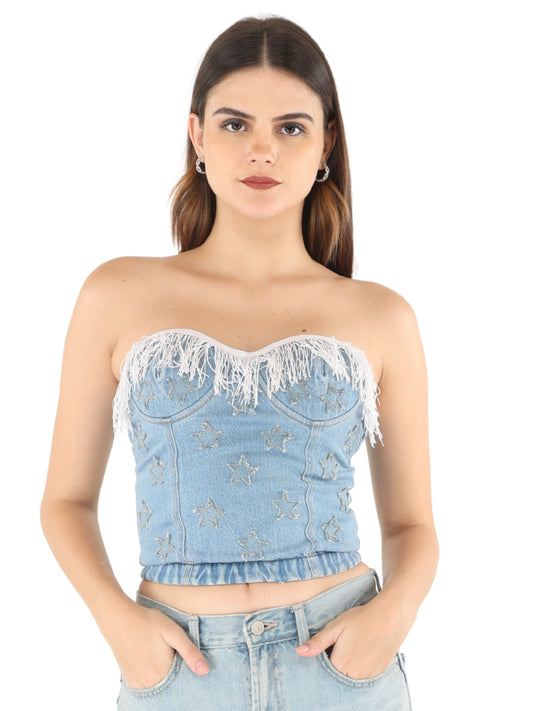 Unique Choice Classic Strapless Denim Corset Top – Structured Fit, Sculpted Silhouette, Available In XS, S, M & L