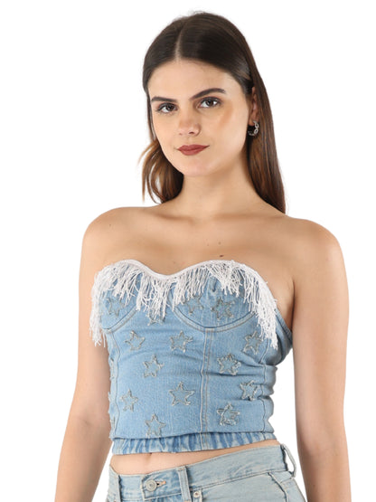 Unique Choice Classic Strapless Denim Corset Top – Structured Fit, Sculpted Silhouette, Available In XS, S, M & L