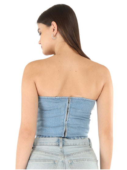 Unique Choice Classic Strapless Denim Corset Top – Structured Fit, Sculpted Silhouette, Available In XS, S, M & L