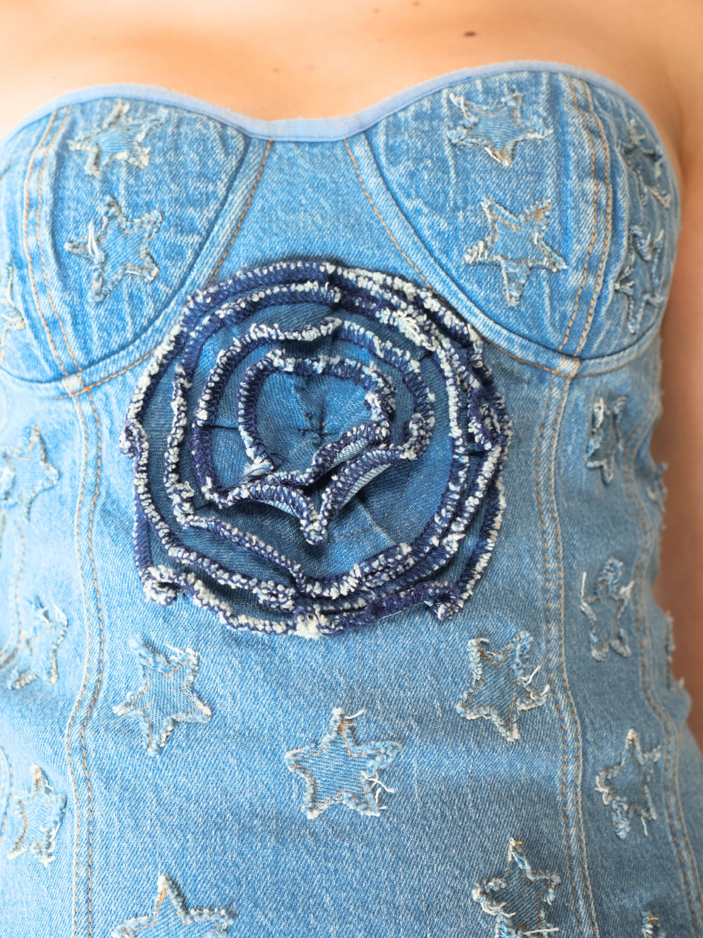 Unique Choice Floral Accent Denim Mini Dress – Strapless Structured Fit, Premium Denim, Available In Multiple Sizes