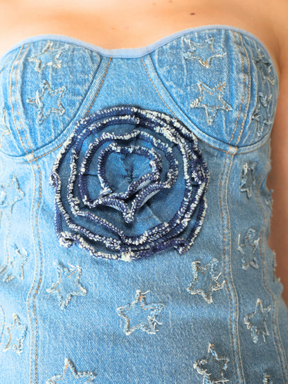 Unique Choice Floral Accent Denim Mini Dress – Strapless Structured Fit, Premium Denim, Available In Multiple Sizes