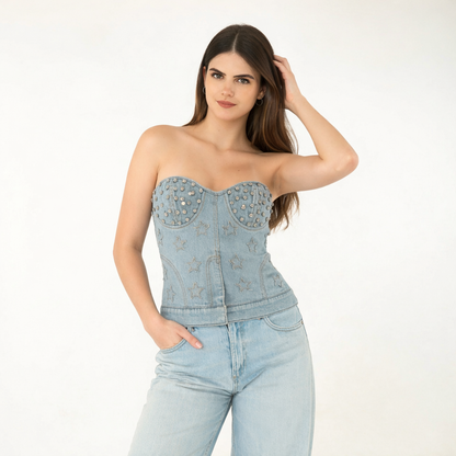 Unique Choice Women’s Strapless Denim Corset Top – Studded Star Embroidered Bustier Tube Top, Slim Fit Fashion Party Crop Top XS,S,M,L