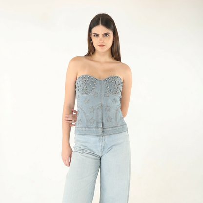 Unique Choice Women’s Strapless Denim Corset Top – Studded Star Embroidered Bustier Tube Top, Slim Fit Fashion Party Crop Top XS,S,M,L