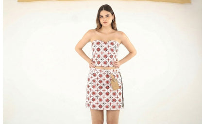 Unique Choice Women’s Strapless Floral Print Crop Top and Mini Skirt Two-Piece Set – Slim Fit Stylish Summer Party Outfit XS,S,M,L