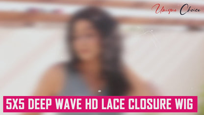 Unique Choice 5x5 Deep Wave HD Lace Closure Wig – 100% Human Hair, Glueless Invisible HD Lace, 180% Density (Black)